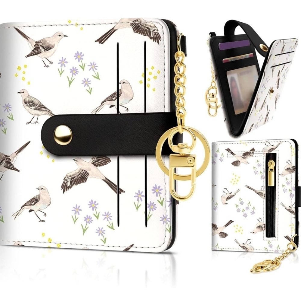 Bird Print Wallet with Black Strap and Gold Accents